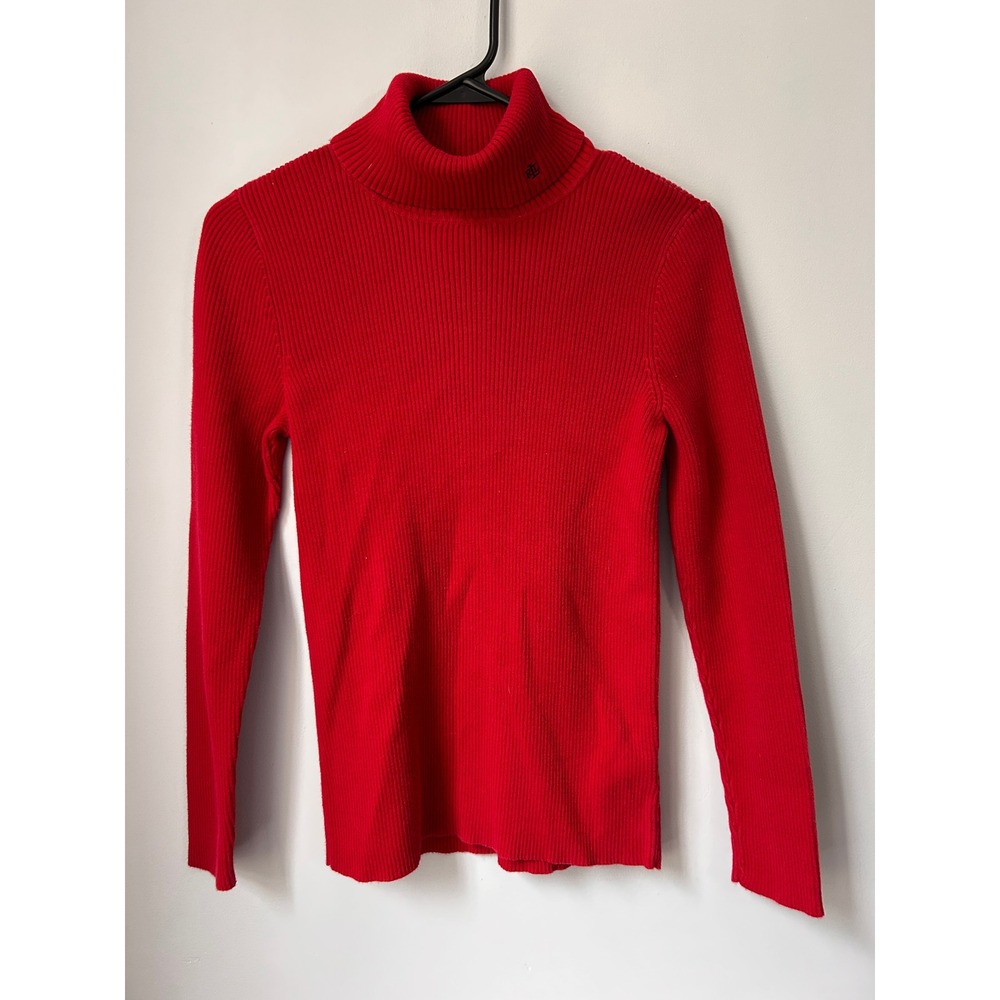 Lauren Ralph Lauren Red Ribbed Cotton Turtleneck Sweater Logo Embroidery M